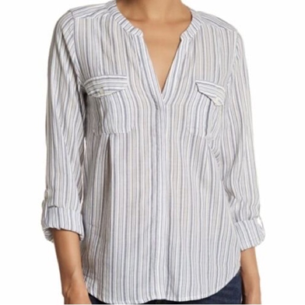 Joie women’s casual Blue White Striped Button Front split neck Shirt X Small